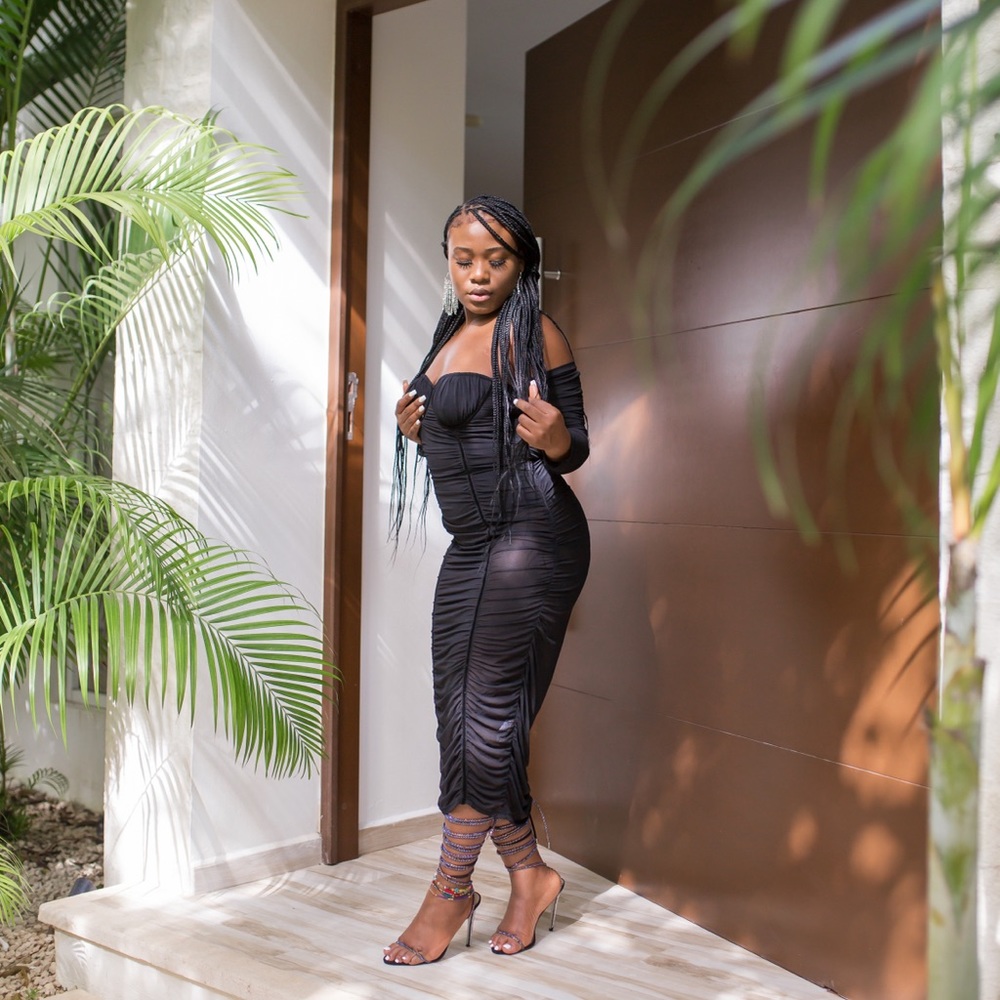 Black Mesh Ruched Midi dress
